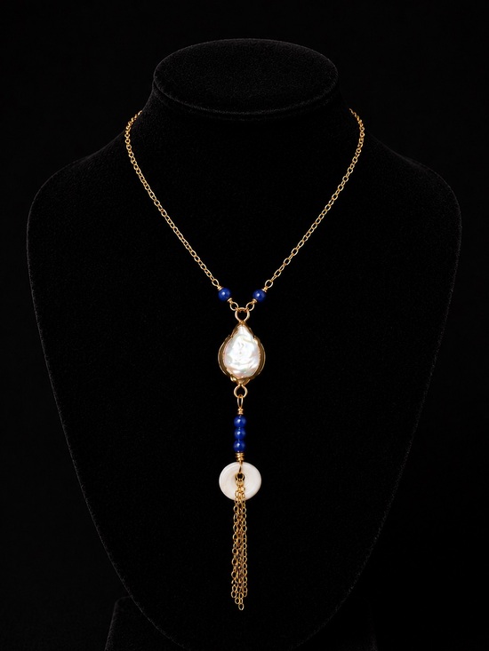 Handmade Jewelry - Gold Pearl and Blue Bead Lariat Necklace by